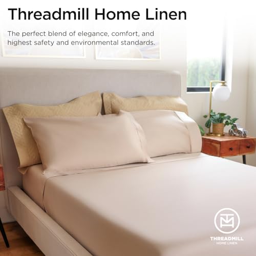 Threadmill 100% Cotton Sheets for Twin Size Bed - 600 Thread Count Twin Bed Sheets Set with 15” Deep Pocket - Sateen Weave 3-Piece Bedding Set with Cooling Effect, Beige - color: Light Beige Solid, size: Twin