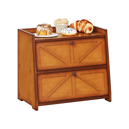 Trironsun Vintage Double Layer Bread Box for Kitchen Counter Bamboo Bread Storage Container Large Capacity Bread Storage Bin - color: Antique Brown