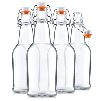 Bellemain Swing Top Glass Water Bottles – Reusable Clear Glass for Juice, Oil, Kombucha, liquor, Beer or Kefir – Airtight Flip Top Bottles for Kitchen & Brewing – Set of 4 (16oz)
