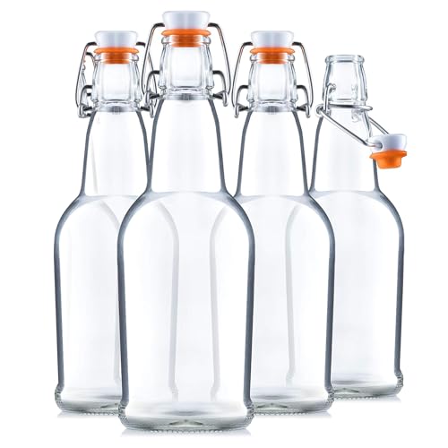Bellemain Swing Top Glass Water Bottles – Reusable Clear Glass for Juice, Oil, Kombucha, liquor, Beer or Kefir – Airtight Flip Top Bottles for Kitchen & Brewing – Set of 4 (16oz)