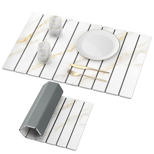 Yofidra Large Stone Dish Drying Mat for Kitchen Counter, Quick Dry Stone Mats with Absorbent Diatomaceous Earth, Foldable Roll Up Drying Organizer Pad for Utensils Plate, 24"×16", White Gold Marble - color: White Marble