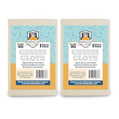 Fermentaholics Unbleached Grade 90 Cheesecloth | 1 Square Yard, Ultra Fine-Mesh, Food-Grade Cheesecloth | Cheese Cloth for Cooking, Straining Cheese, Nut Milks, Bone Broth, Infusions, Tea, etc. (2 Pack) - size: 2 Pack