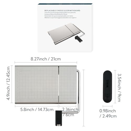 KITCHENDAO Replaceable Wire Cheese Slicer with Board and Measuring Grids,Tightness Adjustable Cheese Slicer, Stainless Steel Metal Cheese Cutter for Block Cheese, Dishwasher Safe, with 2 Extra Wires