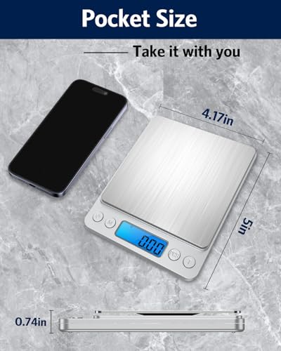 Digital Food Scale 500g/0.01g Gram Scale, Upgraded Mini Pocket Scale with 6 Units, 2 Trays, Auto Off, Tare, PCS for Food, Jewelry, Coin, Coffee (2 AAA Batteries Included)