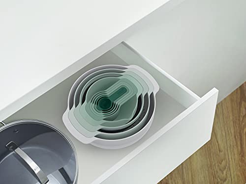 Joseph Joseph Nest 9 Plus, 9 Piece Compact Food Preparation Set with Mixing Bowls, Measuring cups, Sieve and Colander, Editions Range, Sage Green - color: Green, style: Plastic