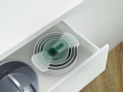 Joseph Joseph Nest 9 Plus, 9 Piece Compact Food Preparation Set with Mixing Bowls, Measuring cups, Sieve and Colander, Editions Range, Sage Green - color: Green, style: Plastic
