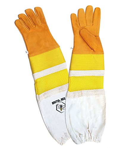 Brutul Bee Beekeeping Cowhide Leather Ventilated Gloves With Rubber & Mesh Cuff Long Protective Vented Sleeves - size: X-Large