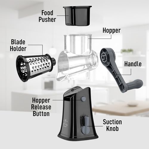 Zulay Kitchen Rotary Cheese Grater 5 Blade Cheese Shredder - Manual Hand Crank Cheese Grater With Reinforced Suction & 5 Interchangeable Drums - Easy to Use, Vegetable Chopper Round Mandoline Slicer - color: Black Gray