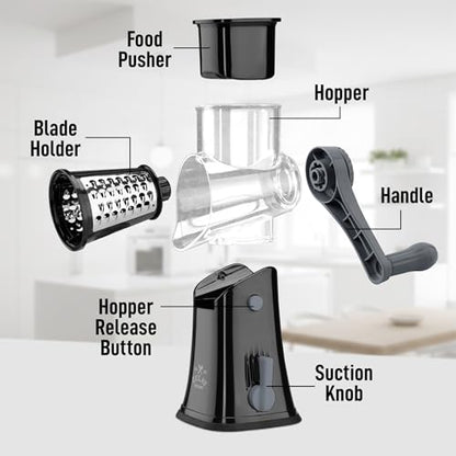 Zulay Kitchen Rotary Cheese Grater 5 Blade Cheese Shredder - Manual Hand Crank Cheese Grater With Reinforced Suction & 5 Interchangeable Drums - Easy to Use, Vegetable Chopper Round Mandoline Slicer - color: Black Gray