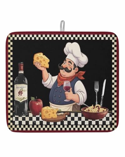 Dish Drying Mat for Kitchen Counter Kitchen Chef Drying Pad Absorbent Drying Mats for Countertops Sinks Draining Racks Red Wine Cheese Bistro Black Buffalo Plaid Drainer Kitchen Decor 16x18 Inch - color: Black