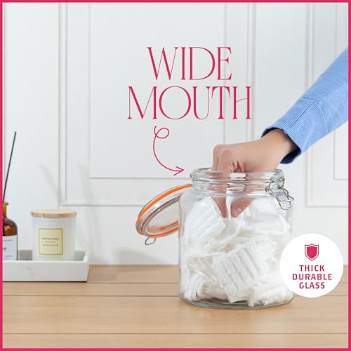 kitchentoolz Half Gallon Glass Large Mason Jars with Airtight Lid - 64oz Wide Mouth Flour & Sugar Container. Also for Sourdough, Pasta, Pickles, Cookies- Flip Top Hinged Closure - 2 Pack