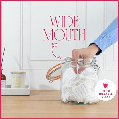 kitchentoolz Half Gallon Glass Large Mason Jars with Airtight Lid - 64oz Wide Mouth Flour & Sugar Container. Also for Sourdough, Pasta, Pickles, Cookies- Flip Top Hinged Closure - 2 Pack