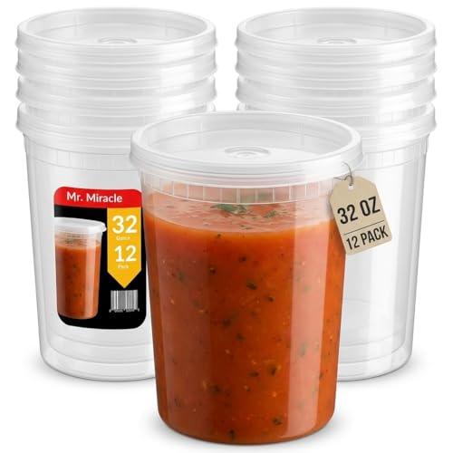 Mr Miracle Deli Containers with Lids - 12 Pack of 32 oz Clear Airtight Reusable Plastic Food and Multi-Purpose Containers - Microwave, Freezer, and Dishwasher Safe - color: 12 Pack, size: 32 Ounce