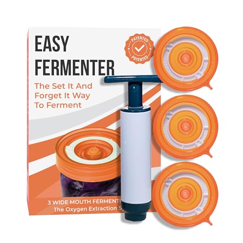 Fermentation Kit, Includes 3 Fermenting Lids for Wide Mouth Mason Jars & Oxygen Extractor Pump, Mason Jar Airlock Lid For Fermenting Kimchi, Pickle, & Sauerkraut (Orange) - color: Orange