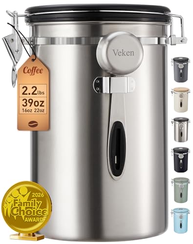 Veken Coffee Canister, 39OZ Large, Airtight Stainless Steel Food Storage Container for 2.2lbs Coffee Beans, Ground, Sugar, Tea, Flour, Cereal, Kitchen Bar Accessories with Date Tracker & Scoop, Silver - color: Iced Silver, size: 39 oz