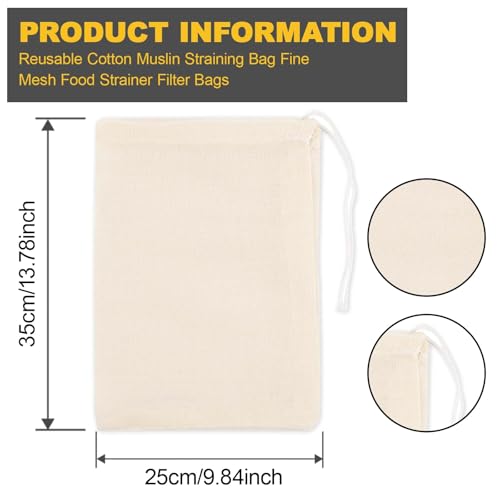 35cm x 25cm, Reusable Cotton Muslin Straining Bag Fine Mesh Food Strainer Filter Bags for Nut Milk Bag Home Brewing, Hop Bags