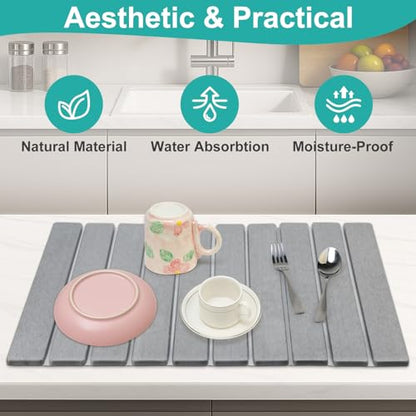 Large Stone Dish Drying Mat for Kitchen Sink Countertop Dish Drainer Diatomaceous Earth Mat Collapsible Dishes Rack Drying Tray Water Absorbent Quick Draining Pads Fast Foldable Bathroom Drying Mats - color: Light Gray