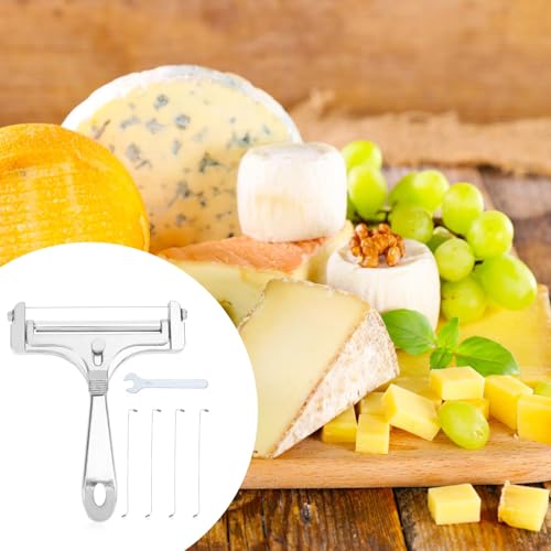 Gosknor 6pcs Cheese Slicer Kit, Stainless Steel Wire Cheese Cutter with 4 Extra Wires & Wrench Slicer Handheld Butter Cutter Food for Block Butter (Glossy Silver) - color: Glossy Silver