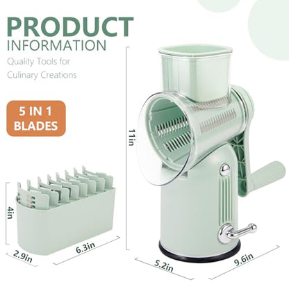 Rotary Cheese Grater with Handle: 5-in-1 Cheese Grater Hand Crank, Strong Suction Base for Fruit Vegetables Nuts with Blade Storage Box (Green) - color: Green