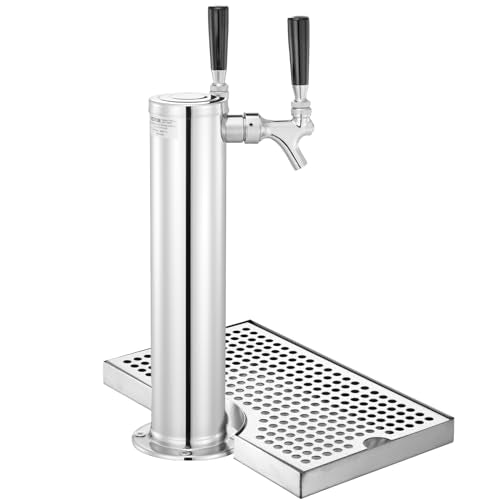 VEVOR Kegerator Tower Kit, Dual Taps Beer Conversion Kit, Stainless Steel Keg Beer Tower Dispenser with Dual Gauge CGA320 Regulator & D-System Keg Coupler, Beer Drip Tray for Party Home - style: Dual Taps
