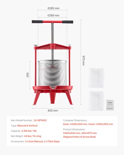 VEVOR 3.69 Gal/14L Fruit Wine Press, Stainless Steel Basket with Cross-beam and Triangular Structure, Manual Juice Maker, Cider Apple Grape Tincture Making Press with T-Handle for Kitchen Home - size: 3.69 Gal