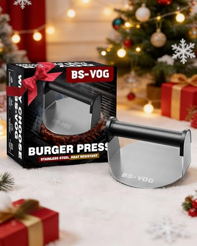 BS-VOG Burger Press, 6" Stainless Steel Burger Smasher for Griddle, Nonstick Round Hamburger Smasher Tool for Cooking Bacon, Patty, Ground Beef, Meats, Dishwasher Safe, Christmas Gift Package for Men