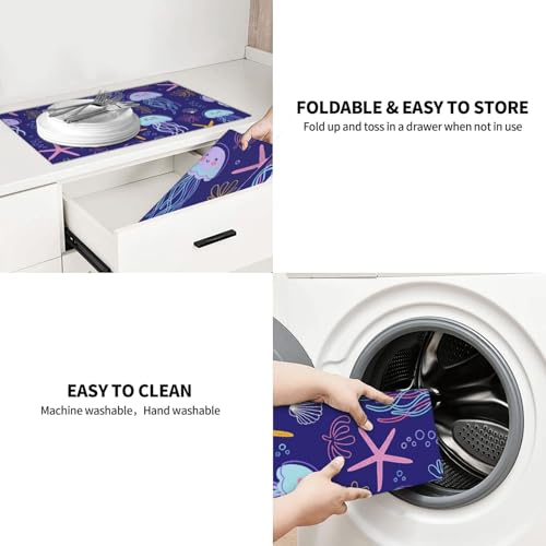 Cute Jellyfish and Starfish Dish Drying Mat for Kitchen Counter Microfiber Absorbent Reusable Washable 18x24in - color: Cute Jellyfish And Starfish