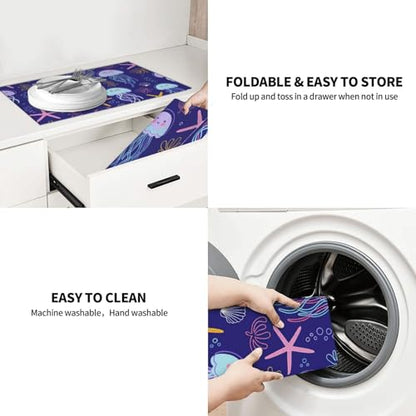Cute Jellyfish and Starfish Dish Drying Mat for Kitchen Counter Microfiber Absorbent Reusable Washable 18x24in - color: Cute Jellyfish And Starfish