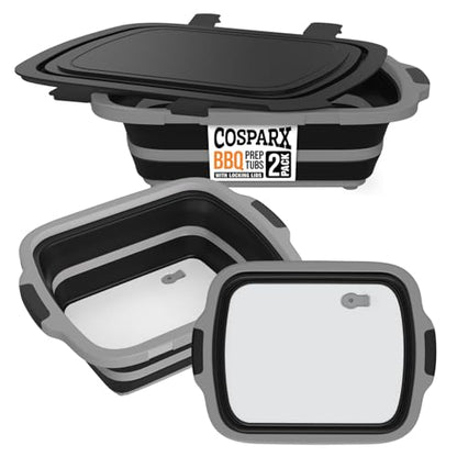 2-Pack XL Collapsible BBQ Prep Tub with Built-In Cutting Board, Lid & Strainer – Marinate, Drain & Prep – Large Food-Safe Container – Perfect for Grilling, Smoking & Outdoor Cooking (Black) - color: Black