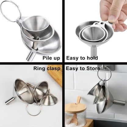 Funnels for Kitchen Bottle Filling, Lmoszuak Mini Stainless Steel Funnels, Multi-use Small Kitchen Funnel Set of 3, for Transferring Liquid, Fluid, Essential Oils, Powder,Tiny Spices,Dishwasher Safe - size: 3pcs small Funnel set