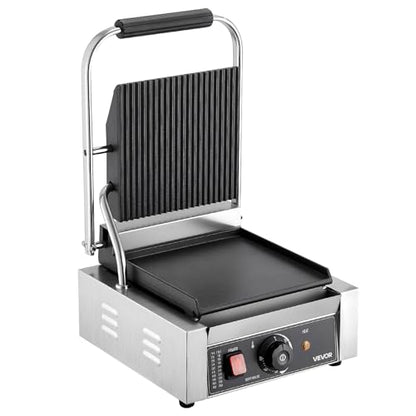 VEVOR Commercial Panini Grill, 1800W Electric Sandwich Panini Maker, Stainless Steel Sandwichs Press Grill with Handle and Temp Control, 8.8x9 in Flat Enamel Plate, for Hamburger Steak Bacon