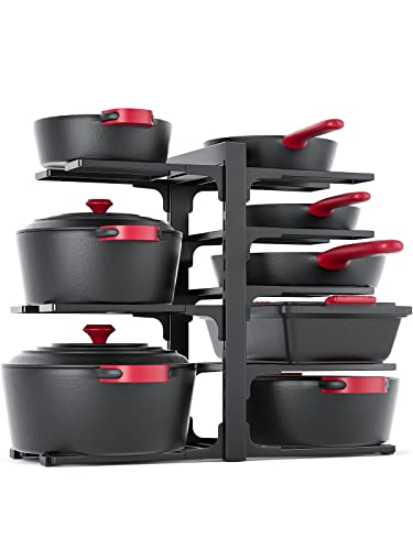 MUDEELA 8-Tier Pots and Pans Organizer under Cabinet, 15.83" Height Heavy Duty Pot Pan Organizer Kitchen Cabinet Organization and Storage, Adjustable Pot Rack for Frying Pan, Cast Iron Skillet, Black - color: Black, size: 15.83"H