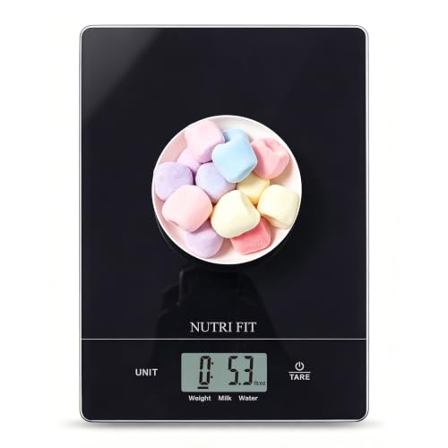 Digital Food Scale Kitchen Scales Grams and Ounces for Weight Loss Baking Cooking of NUTRI FIT, Max 11lb 1g Increment, Ultra-Thin Size and Hang to Wall - color: Tempered Glass-Black