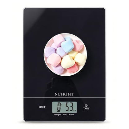 Digital Food Scale Kitchen Scales Grams and Ounces for Weight Loss Baking Cooking of NUTRI FIT, Max 11lb 1g Increment, Ultra-Thin Size and Hang to Wall - color: Tempered Glass-Black