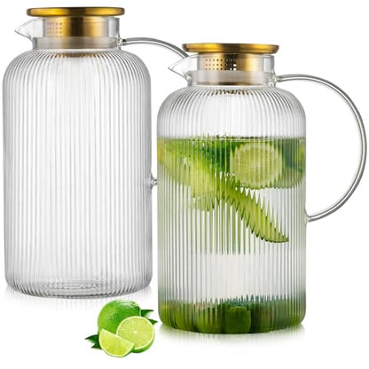 Buaic Glass Pitcher with Lid, 100 oz/ 3 Liter Classic Vertical Stripes Water Pitcher,Glass Water Carafe for Cold Brew, Coffee, Lemonade, Iced Sun Tea,Beverage, Milk, Heat Resistant - color: Clear, size: 3L-2 PACK