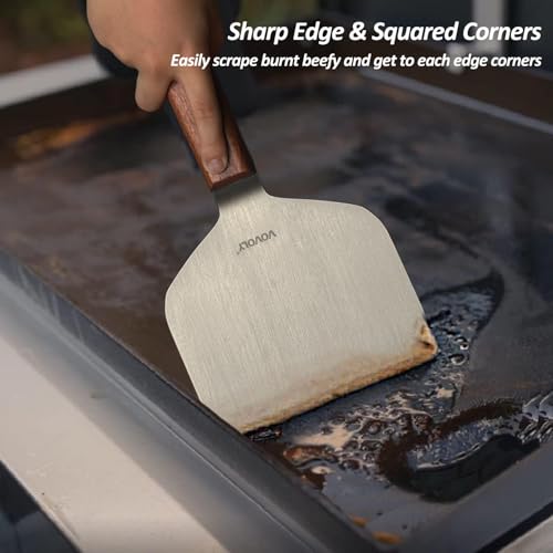Vovoly Extra Wide Griddle Scraper, 5.5''x5.5'' Smashed Burger Scraper Grill Scraper Spatula Burger Turner - Full Tang Wooden Handle Professional Grade Grill Accessories, Knife Grade Stainless Steel - color: Grill Scraper_Wooden Handle