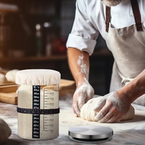Potchen 2 Set Sourdough Bread Starter Kit 34oz Sourdough Starter Kit with Thermometer Scraper Cloth Cover and Lid Wide Mouth Sourough Bread Baking Supplies(Retro Style,Silver)