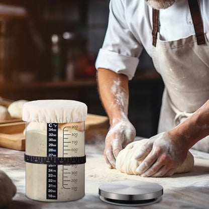 Potchen 2 Set Sourdough Bread Starter Kit 34oz Sourdough Starter Kit with Thermometer Scraper Cloth Cover and Lid Wide Mouth Sourough Bread Baking Supplies(Retro Style,Silver)