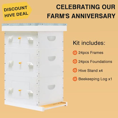 Hand-Painted 8-Frame Beehive with Windows - 2 Deep Brood Boxes & 1 Medium Super Box, Includes Frames & Foundations