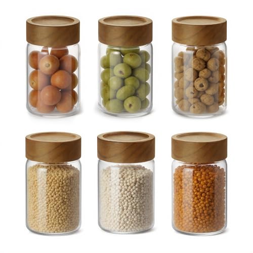 6-Pack 8 fl oz Stackable Airtight Glass Jars (with Acacia Wood Lids + Sticker Labels) – Small Mason Jars designed for overnight oats, spices, dry goods, and kitchen organization. - color: H-lucency, size: 8 fl oz