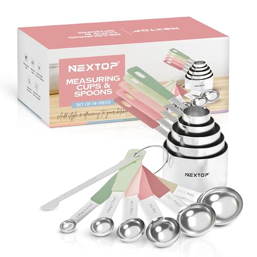 Nextop 14-Piece Stainless Steel Measuring Cups and Measuring Spoons Set with All Stackable Sizes and Leveler for Dry Ingredients, Complete Set for Kitchen & Baking Measuring Tools (Peach Set) - color: Peach Set