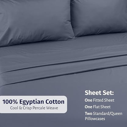 California Design Den Queen Deep Pocket Sheet Set - Certified 100% Egyptian Cotton Sheets, Lightweight & Crisp Percale, Durable Luxury Bedding Set - Mineral Blue (Grey Tone) - color: Mineral Blue (Grey Tone), size: Queen