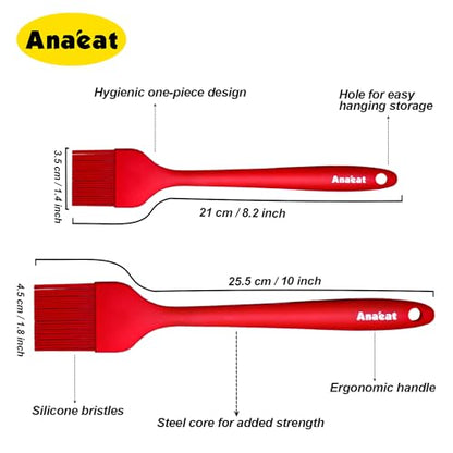 Anaeat High Heat Resistant Silicone Basting Pastry Brush Set of 2- Hygienic One-Pieces Design Spread Oil Butter for BBQ Grill Barbecue Baking Kitchen Cooking - BPA Free & Dishwasher Safe (10"+8.2") - color: Red 2 Pcs (10"+8.2")