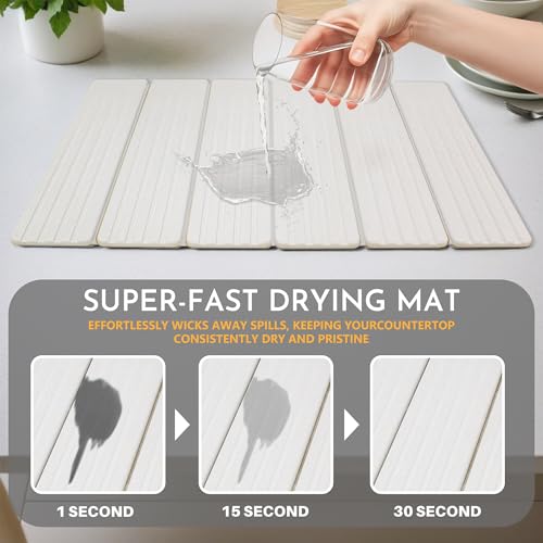 Large Stone Dish Drying Mat for Kitchen Counter, 23" × 15" Quick Dry Stone Mat, Collapsible Fast Absorbing Diatomaceous Earth Non-Slip Dish Drying Pad for Dishes & Cups (White, 23" × 15") - color: White