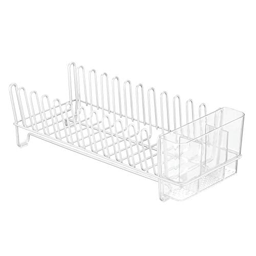 mDesign Kitchen Sink Dish Drainer – Small Metal and Plastic Dish Rack for Kitchen Sink – Dish Drying Rack with Drip Tray for Plates and Cutlery Basket – White/Clear - color: White/Clear