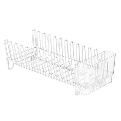 mDesign Kitchen Sink Dish Drainer – Small Metal and Plastic Dish Rack for Kitchen Sink – Dish Drying Rack with Drip Tray for Plates and Cutlery Basket – White/Clear - color: White/Clear
