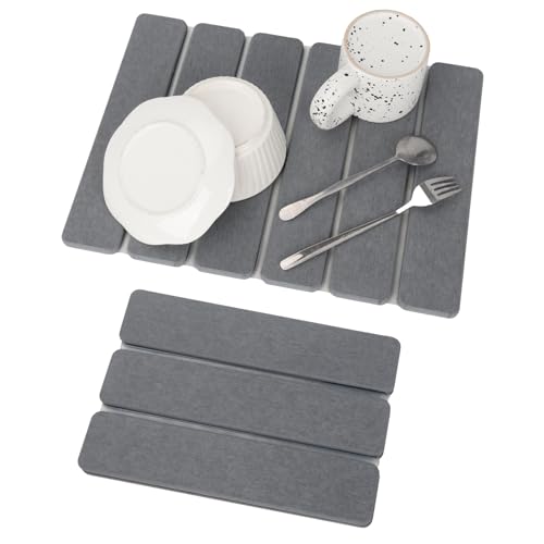 Stone Dish Drying Mat for Kitchen Counter, Eco-friendly, Instant Drying Pad,Diatomaceous Earth Water Absorbing Mat, Foldable and Super Absorbent Dish Drying Stone Mat, 16"×12", Dark Gray - color: Dark Gray, size: 15.8" x 11.9"