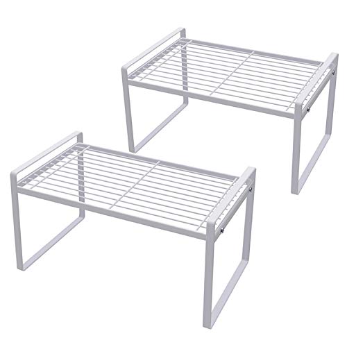 Shantton 2 Pack Kitchen Cabinet Shelf Counter Organizer Rack Pantry Storage Bathroom Bedroom Office Table Desk Space Saving Steel Frame Stackable Rust Resistant Non Slip White - color: White, size: L13" W8.3" H7.3"