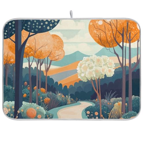 Trees Flower Path Turquoise Dish Drying Mat for Kitchen Counter Super Absorbent Draining Mat with Non-slip Backed Waterproof Sink Mats for Dish Bottles Cups Bowl Sinks Countertops Draining Racks