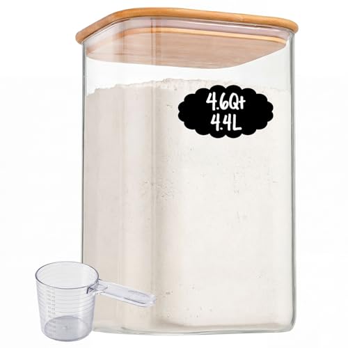 4.6Qt Large Glass Flour Sugar Storage Containers with Bamboo Lids | Wide Mouth Design, With Measuring Cup, Minimalist Kitchen Organizer,Scandinavian Style Storage,Nordic Style Storage - size: 4.6Qt*1